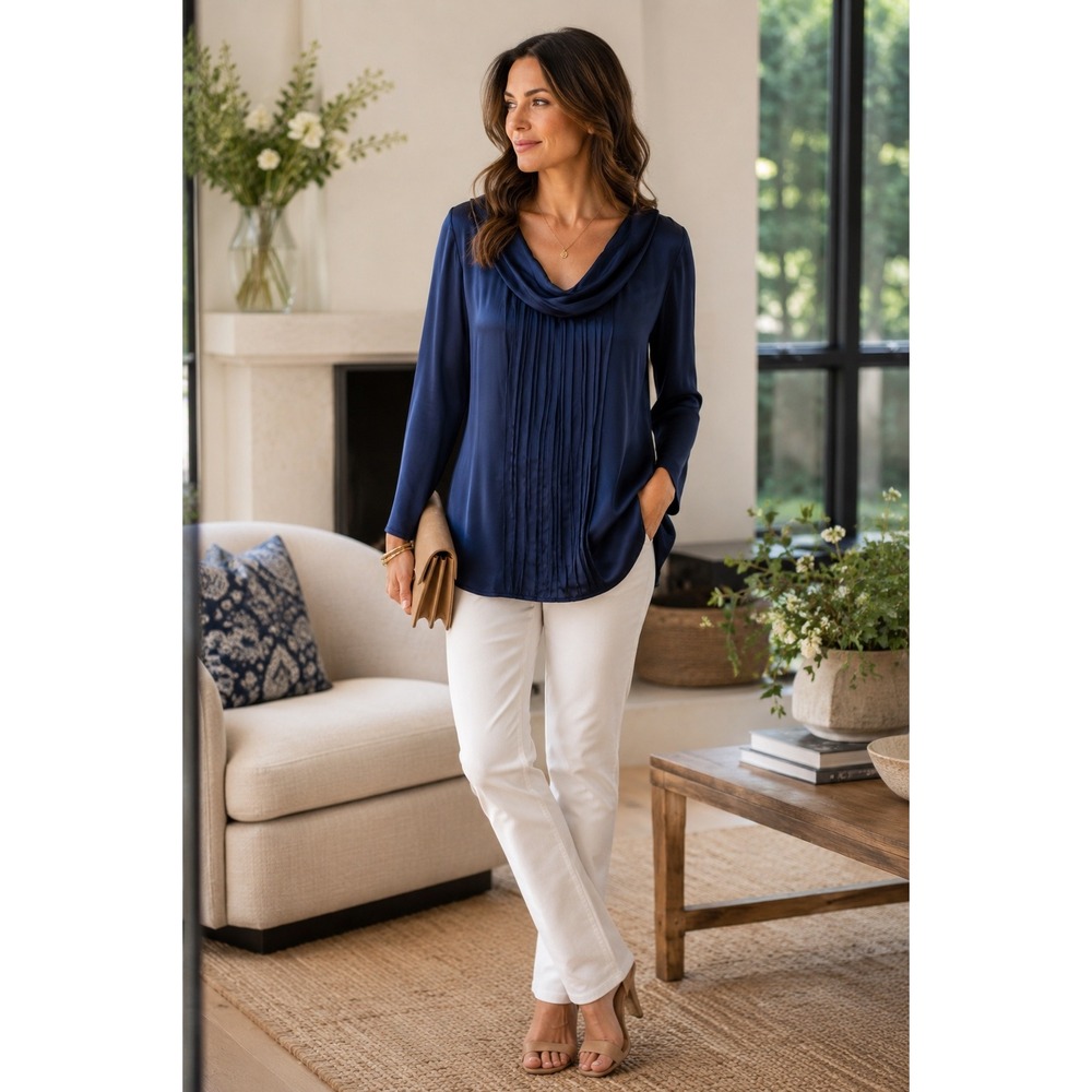Ted Baker Navy Silk Cowl Neck Pin-Tuck Blouse Size 3 US 8
